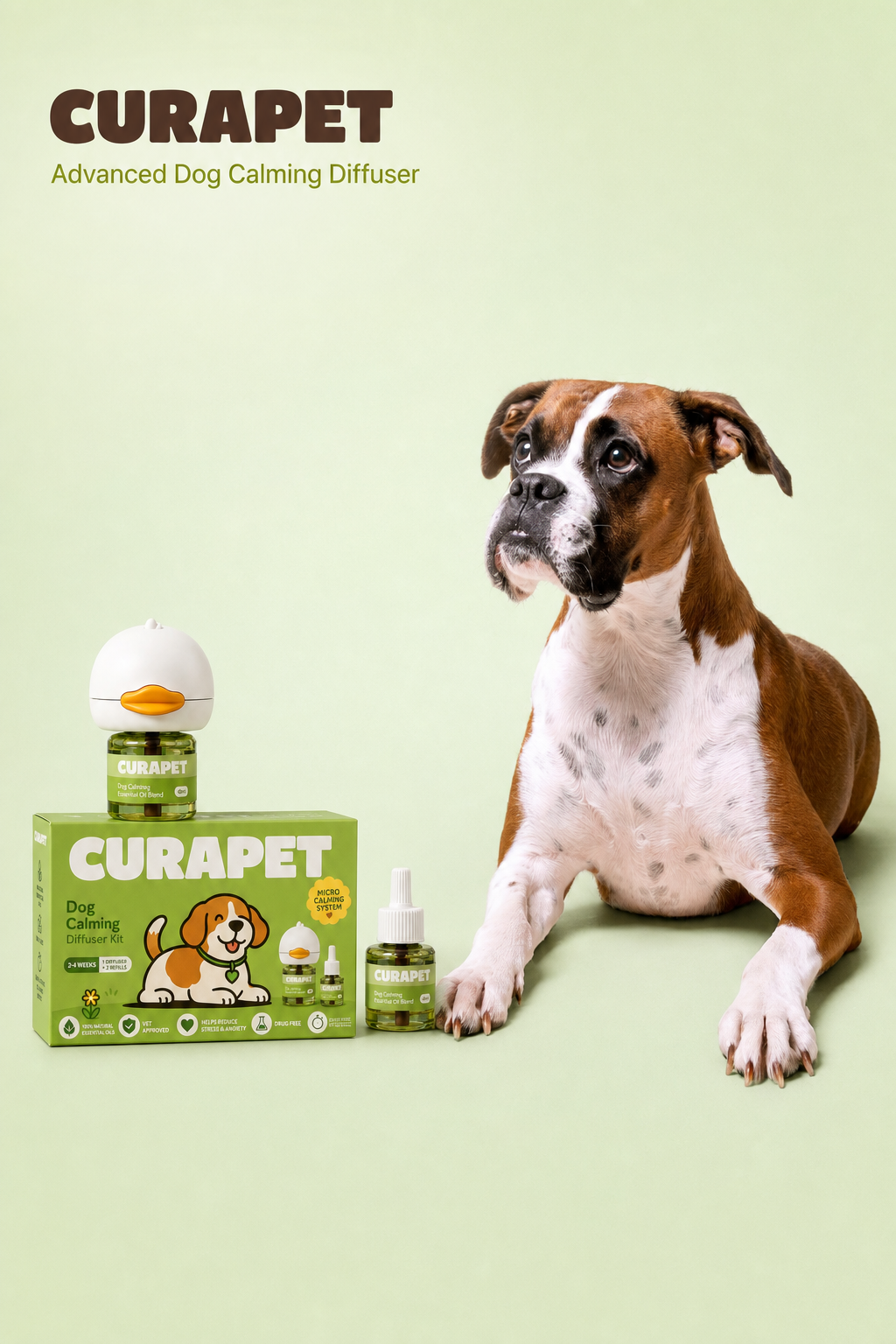 Boxer resting beside a Curapet kit
