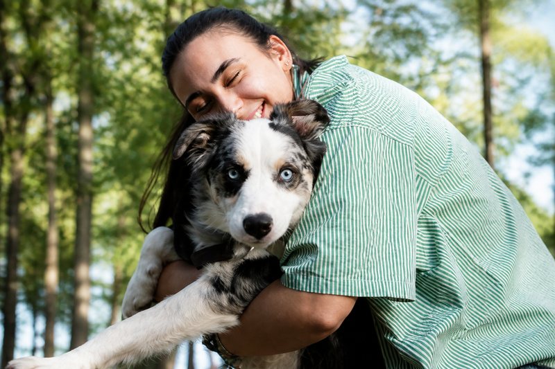 Owner hugging a merle dog outdoors