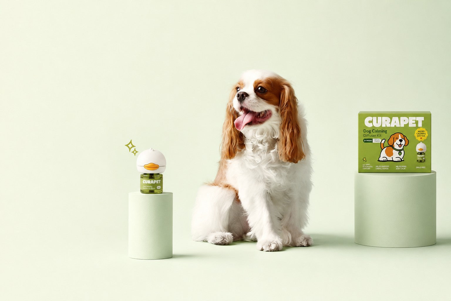 Calm spaniel with a CURAPET diffuser and kit