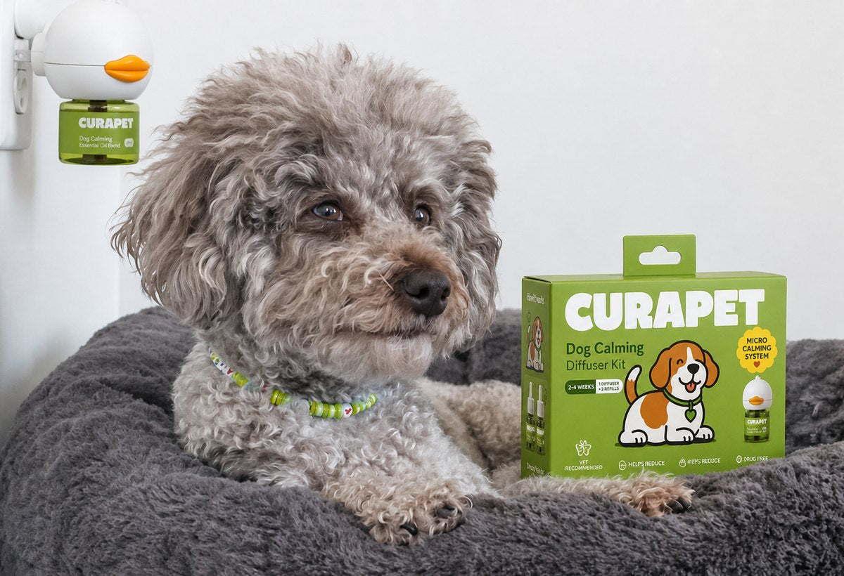 Small grey dog resting beside a CURAPET kit