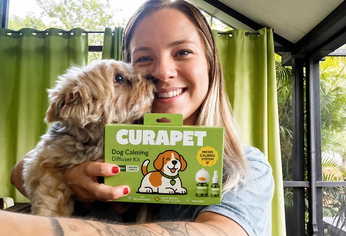 Woman holding a terrier and a CURAPET kit